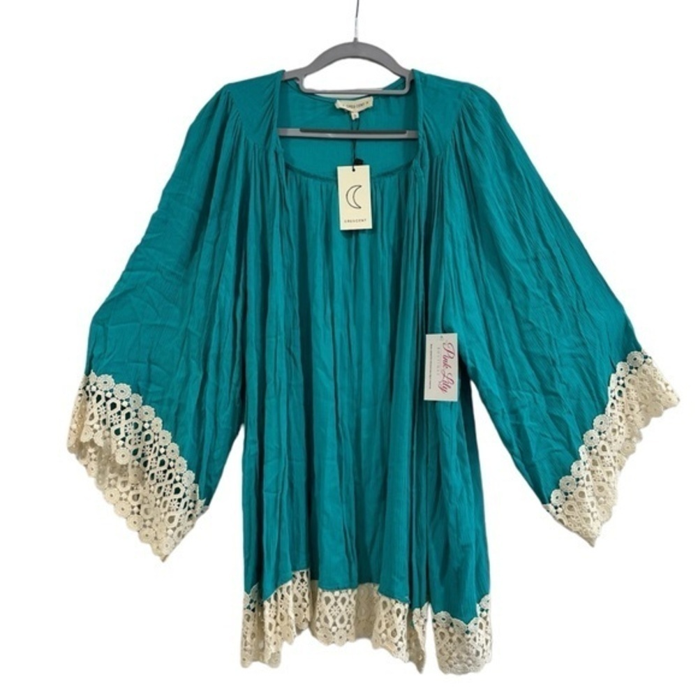 Women’s Kimono Open Front Cardigan Teal Blue Green Crochet Lace Oversized Small